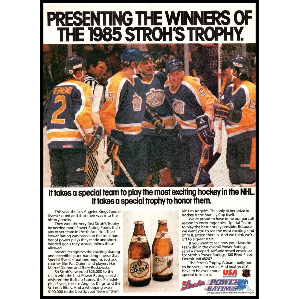 1985 Stroh's Beer LA Los Angeles Kings NHL Hockey Vintage Print Ad Wall Art Phot